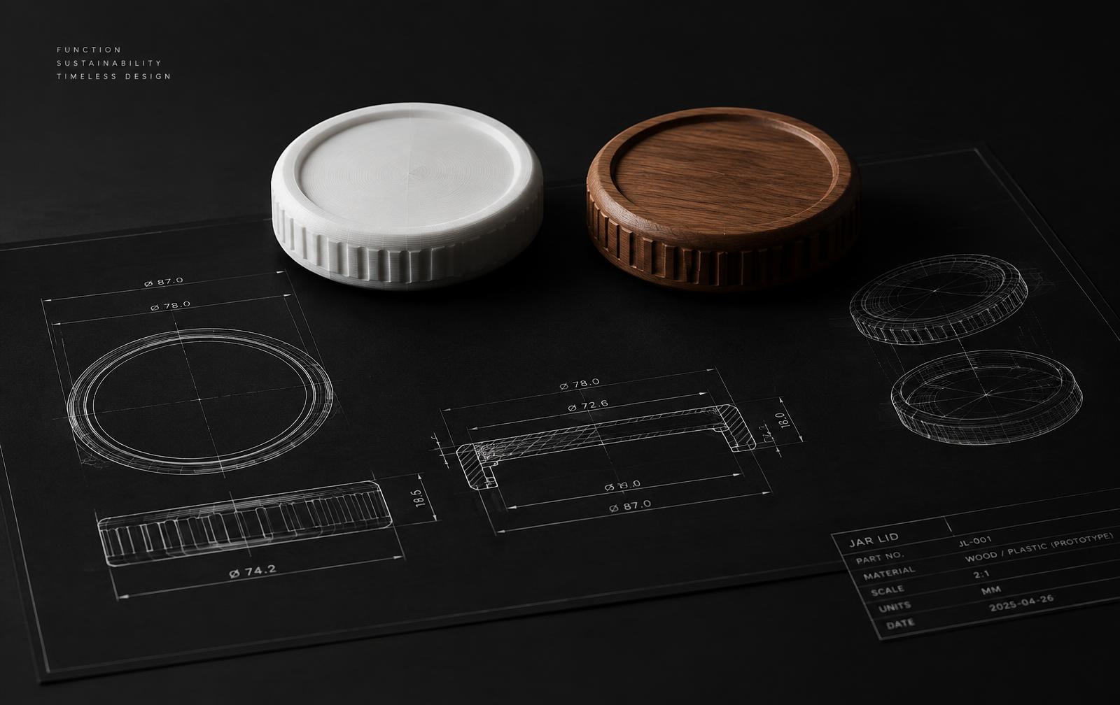 Illustrative 3D-printed jar lid prototype beside a finished wooden lid on a technical drawing